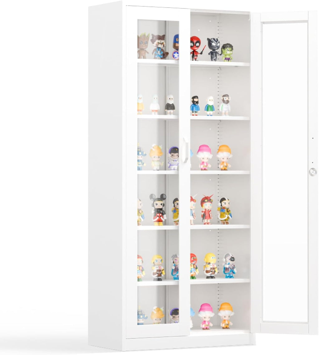 White Lockable 5-Shelf Glass Display Cabinet