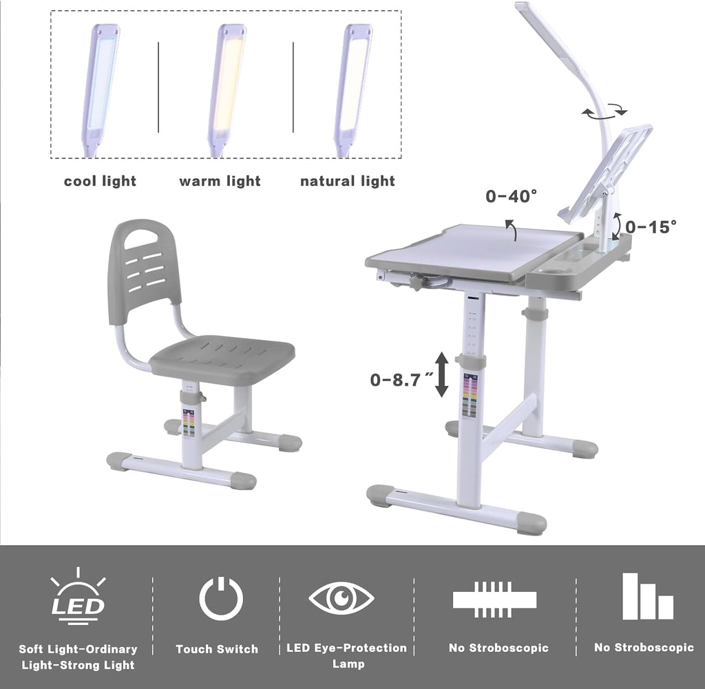 Grey LED Tilting Adjustable Kids Art Desk Set