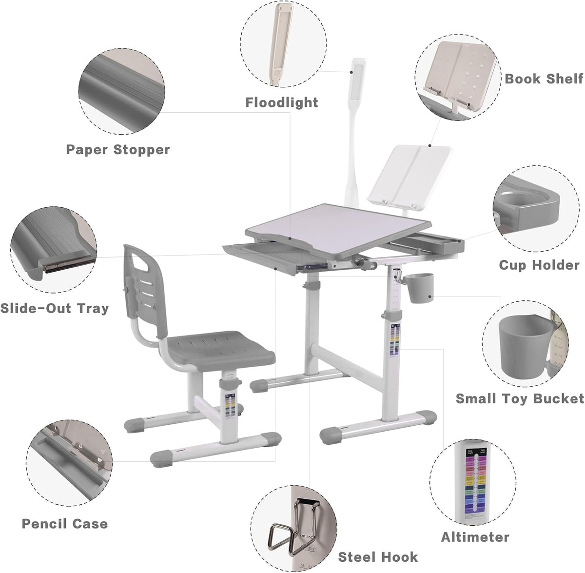 Grey LED Tilting Adjustable Kids Art Desk Set