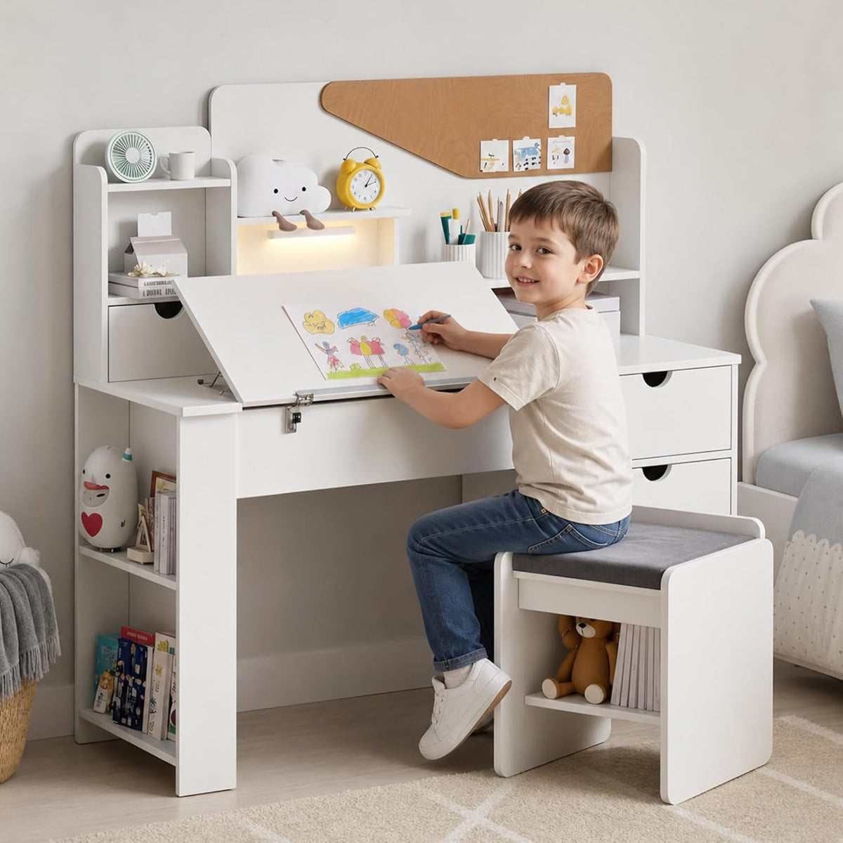 Wooden Storage Tiltable Kids Desk Set