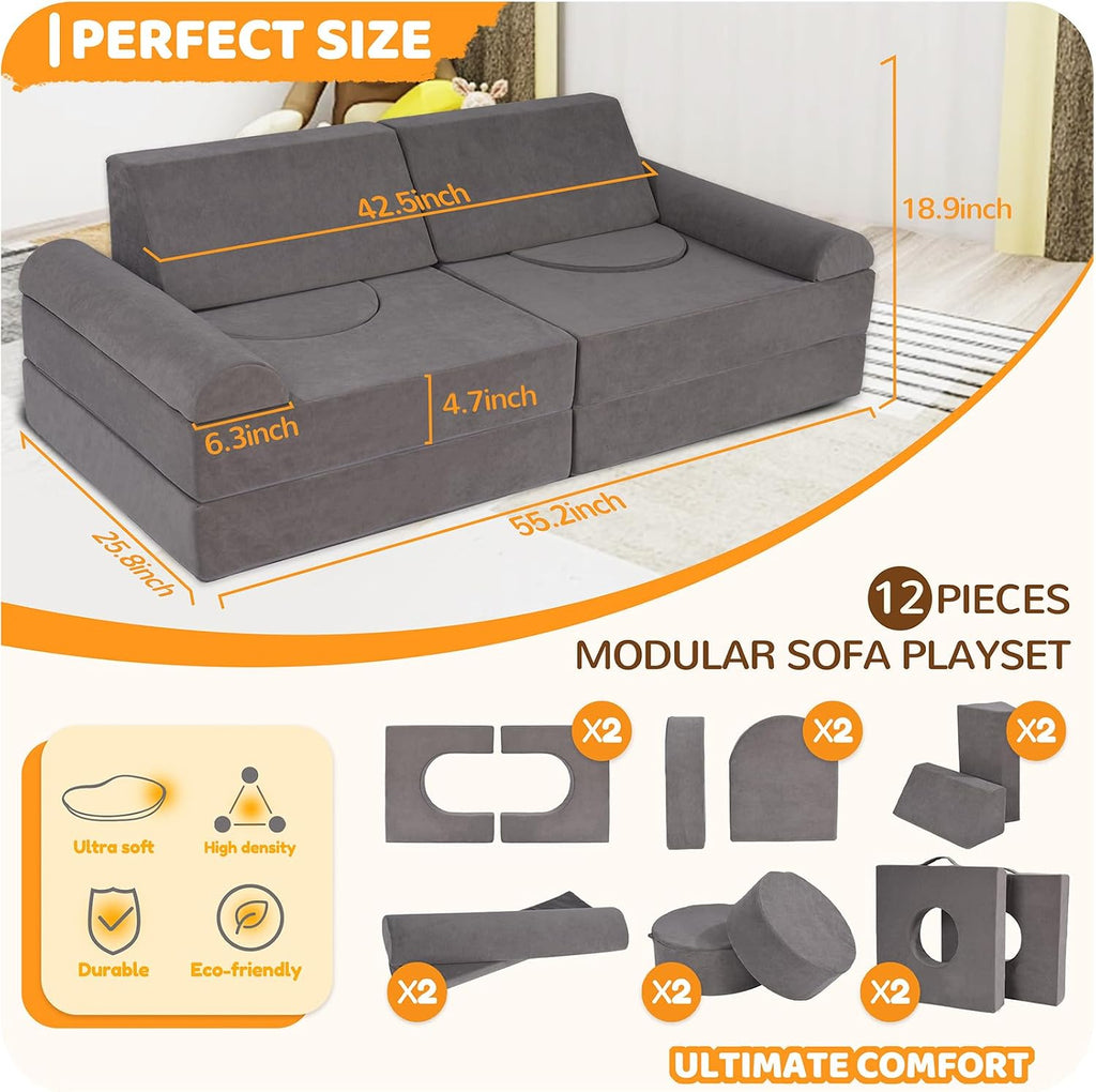 Grey Foam 12-Piece Kids Play Couch
