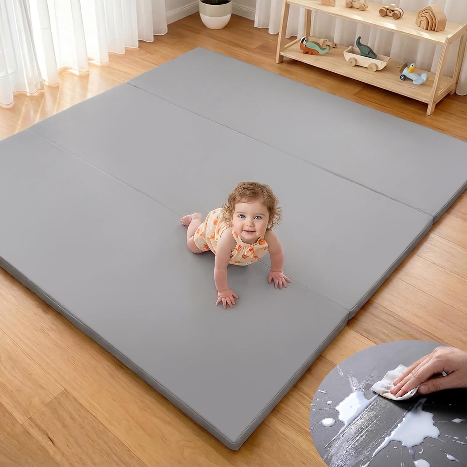 Gray Leather Thick Foldable Baby Play Mat
