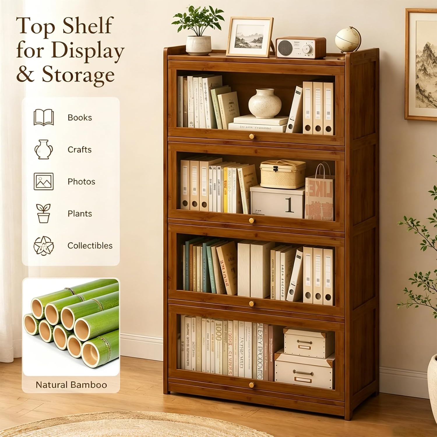 Bamboo 4-Tier Acrylic Door Bookcase