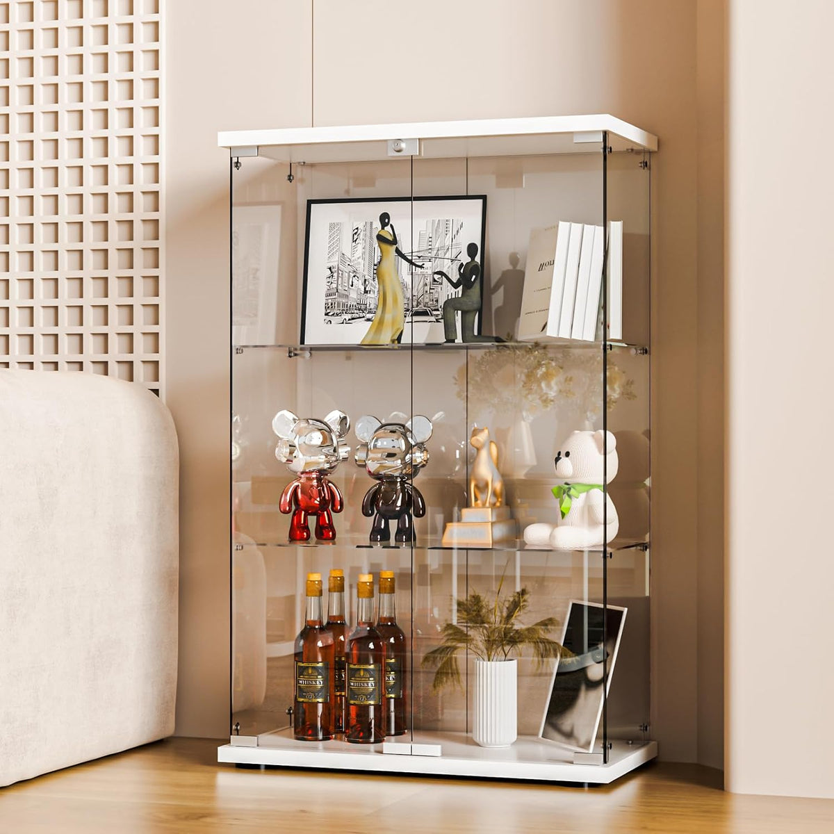White Locked Double Glass Display Cabinet