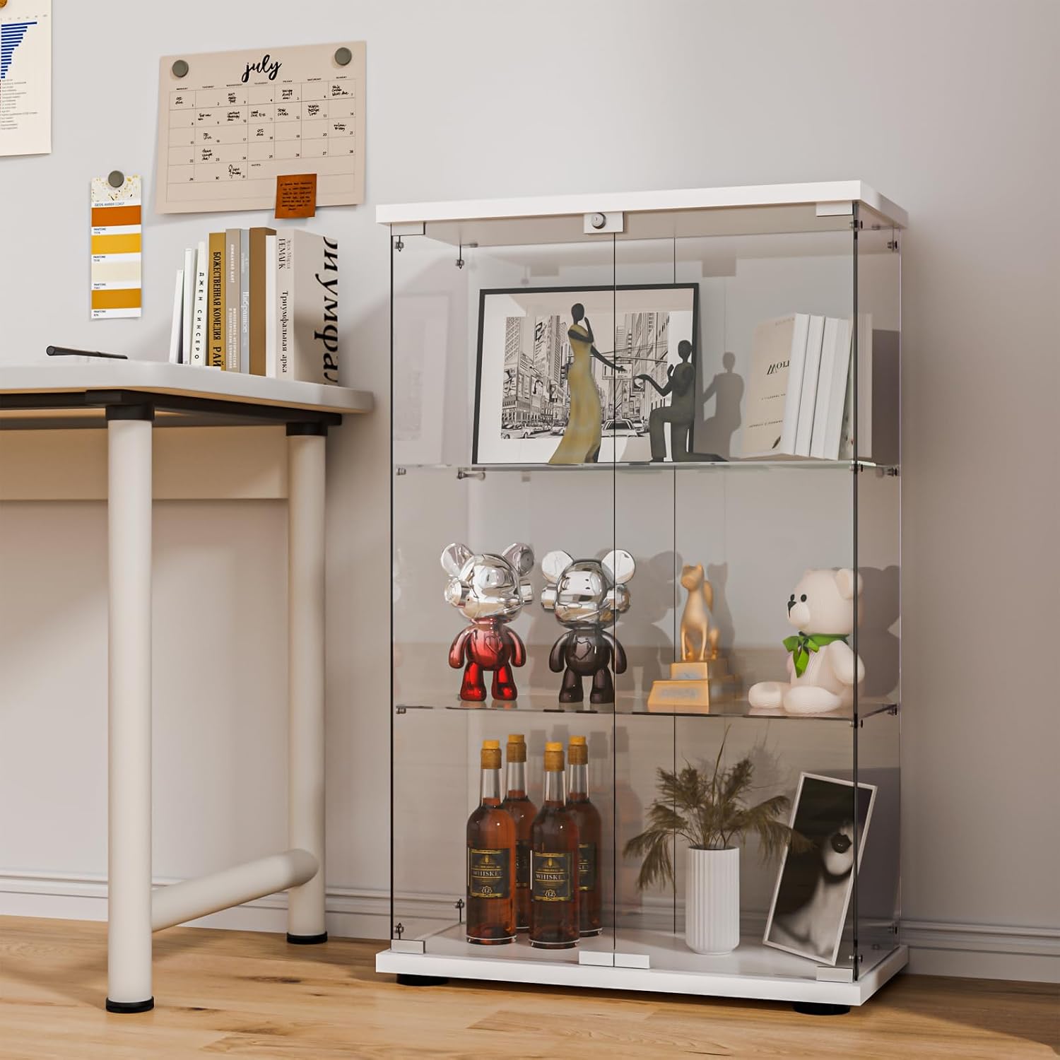 White Locked Double Glass Display Cabinet