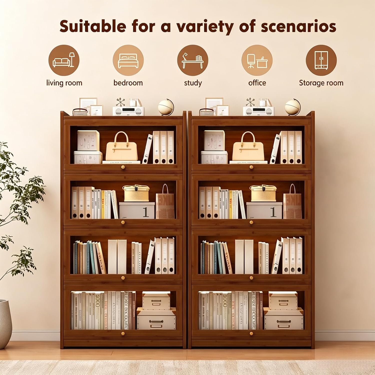 Bamboo 4-Tier Acrylic Door Bookcase