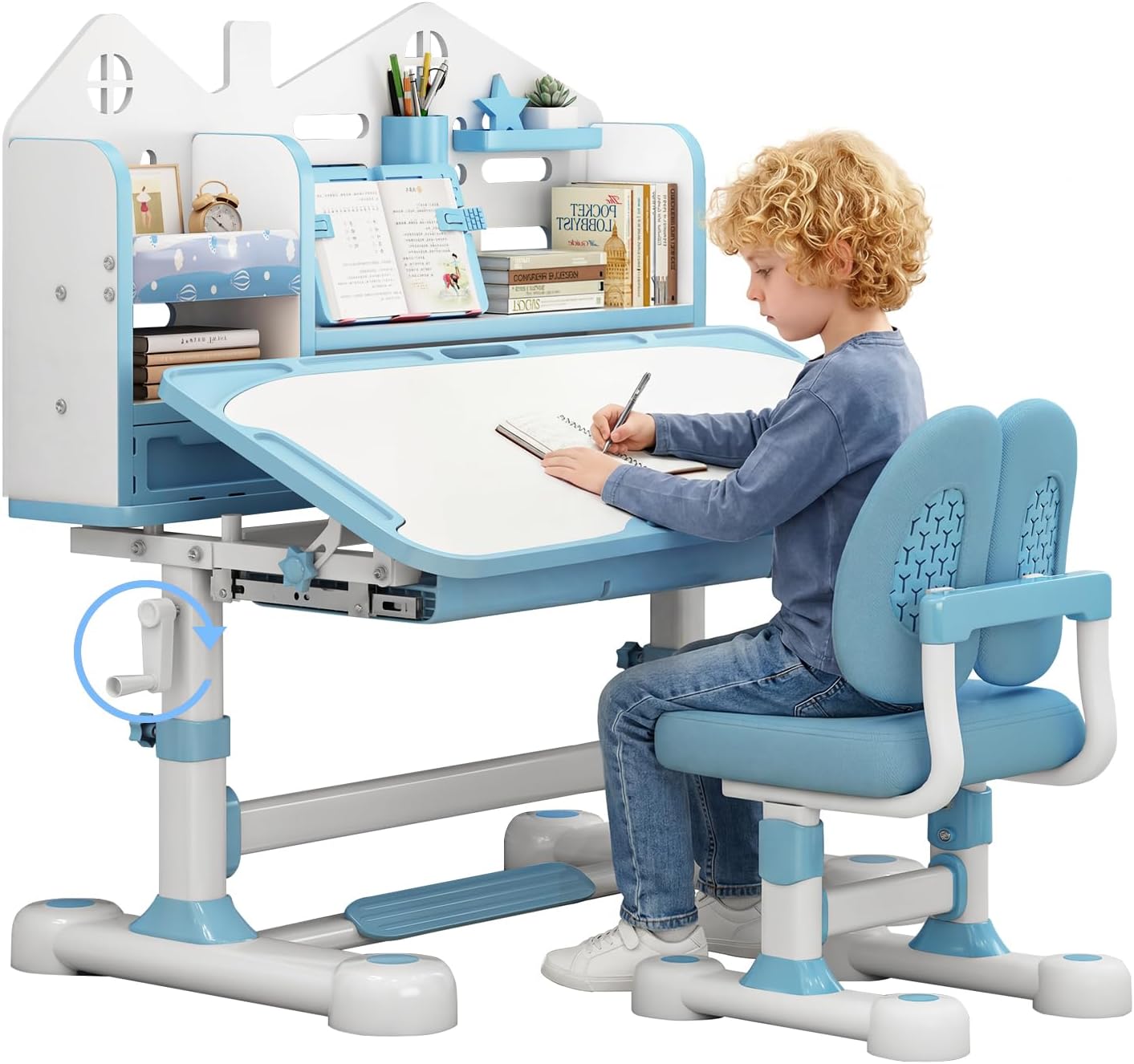 Blue Tilt Height Adjustable Kids Desk Set