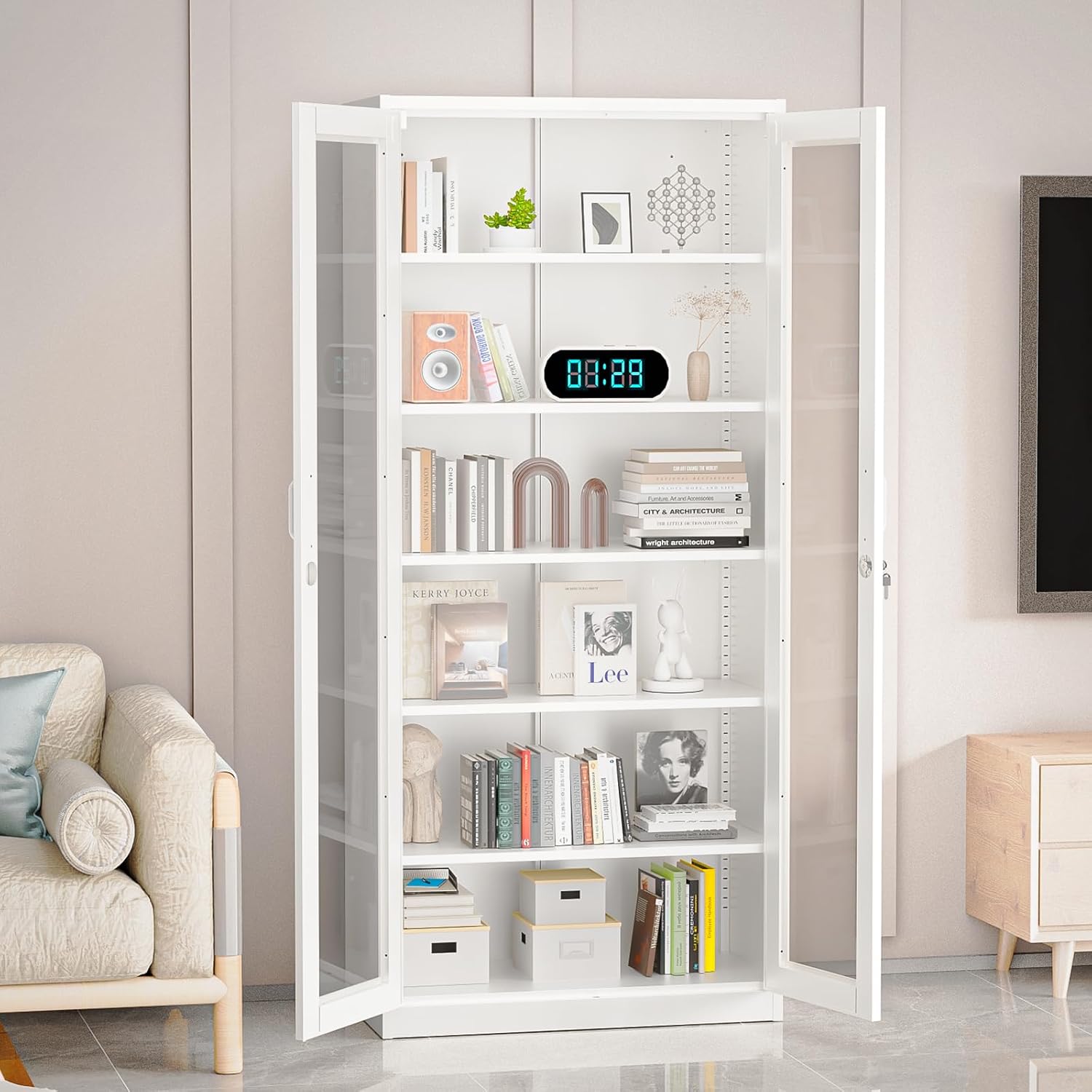 White Lockable 5-Shelf Glass Display Cabinet