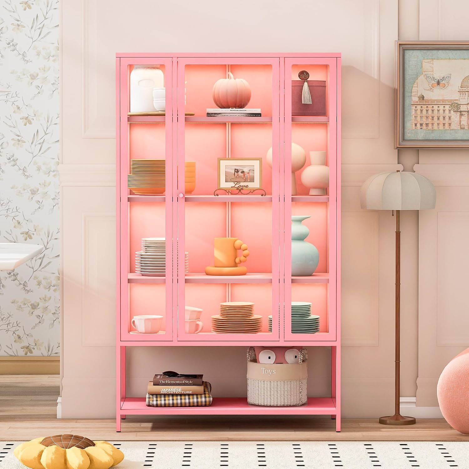 Pink LED 5-Tier 3-Sided Glass Bookcase