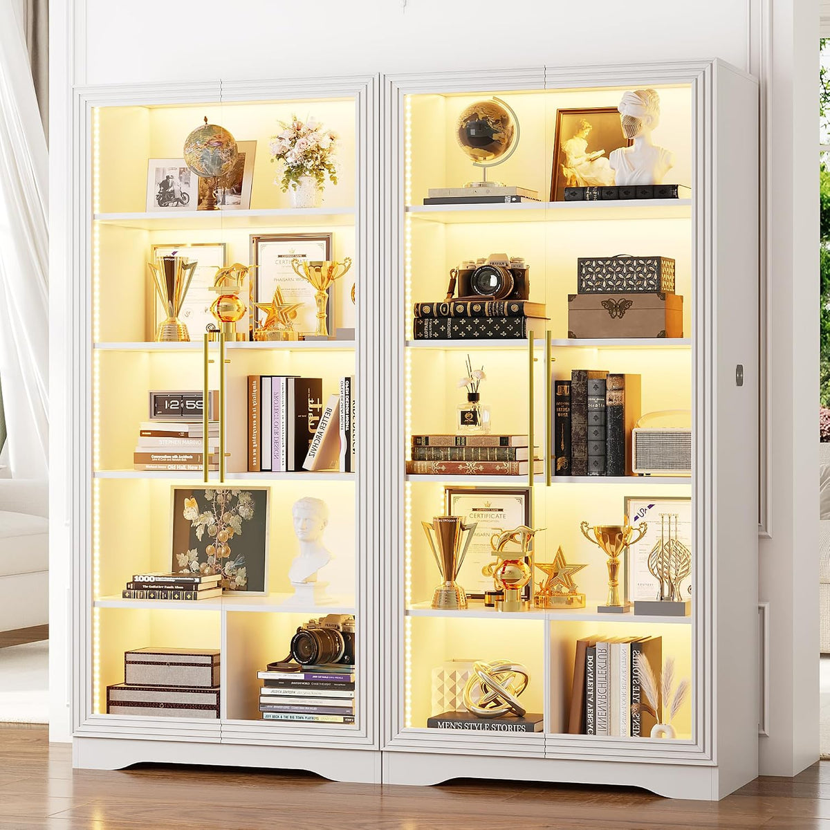 White LED 5-Tier Glass Door Bookcase