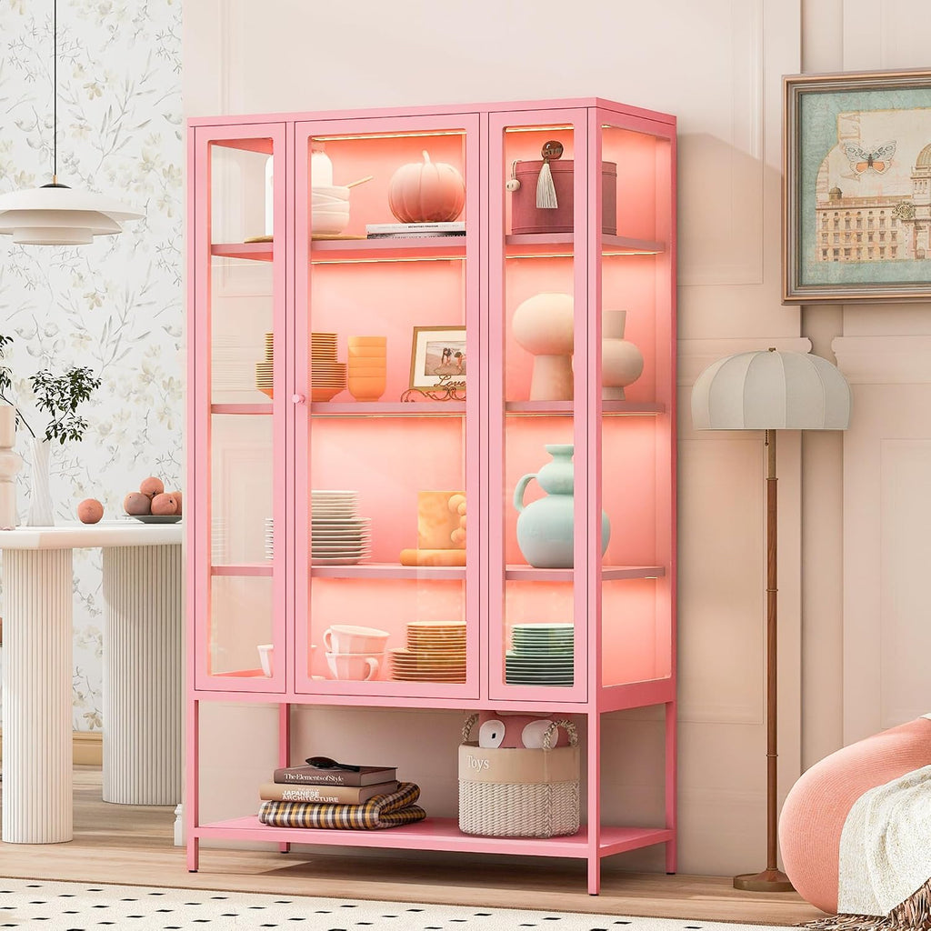 Pink LED 5-Tier 3-Sided Glass Bookcase