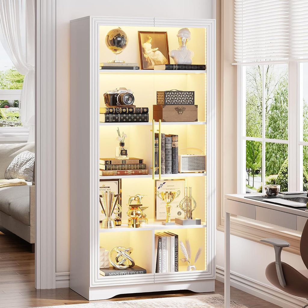 White LED 5-Tier Glass Door Bookcase