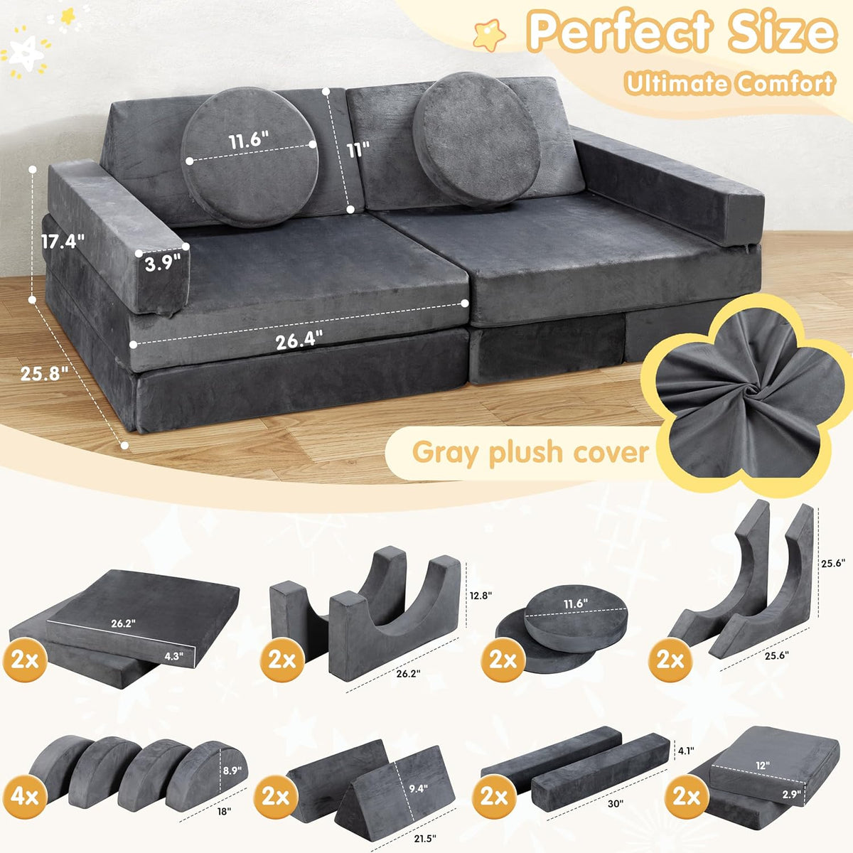 Gray Convertible Modular Kids Play Couch