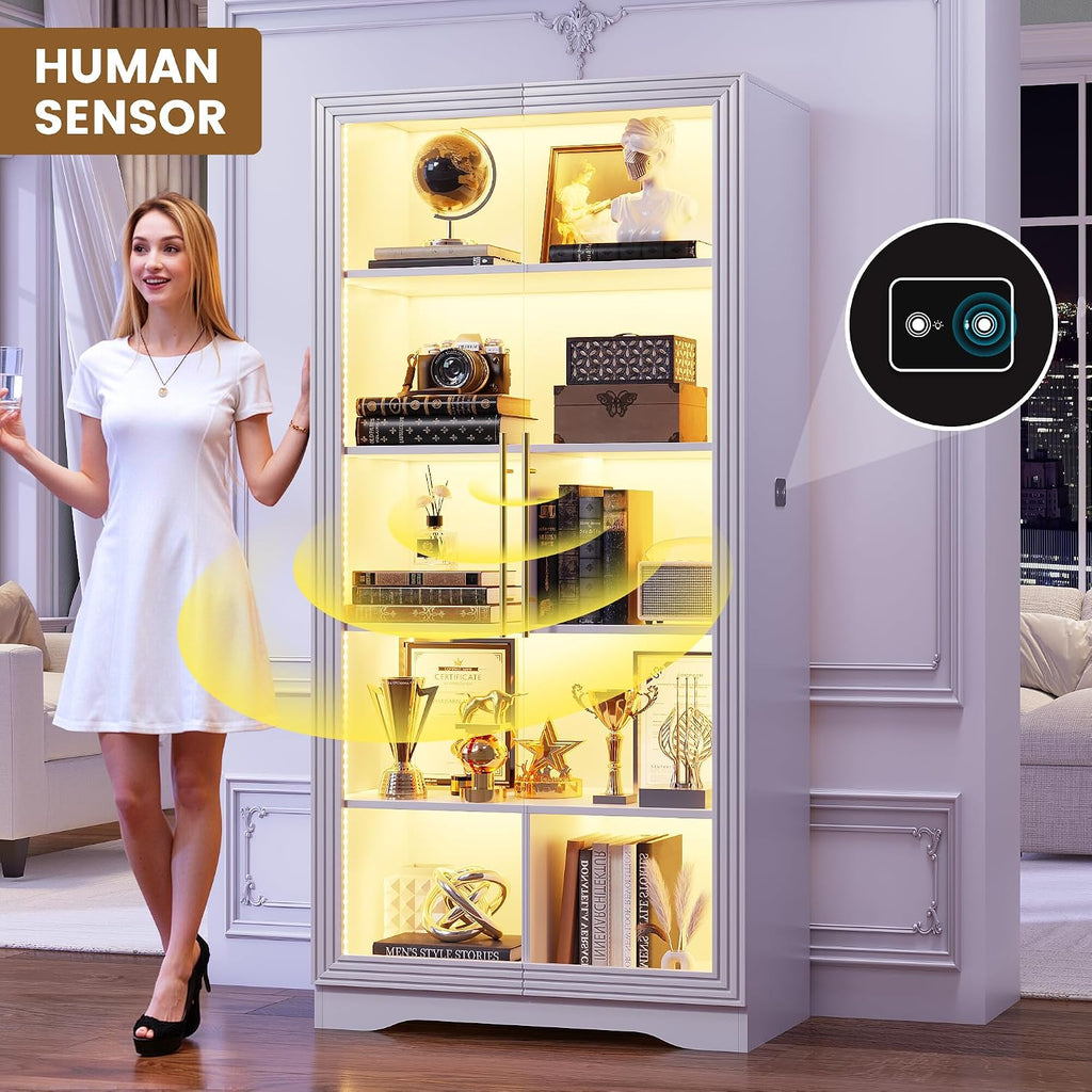 White LED 5-Tier Glass Door Bookcase