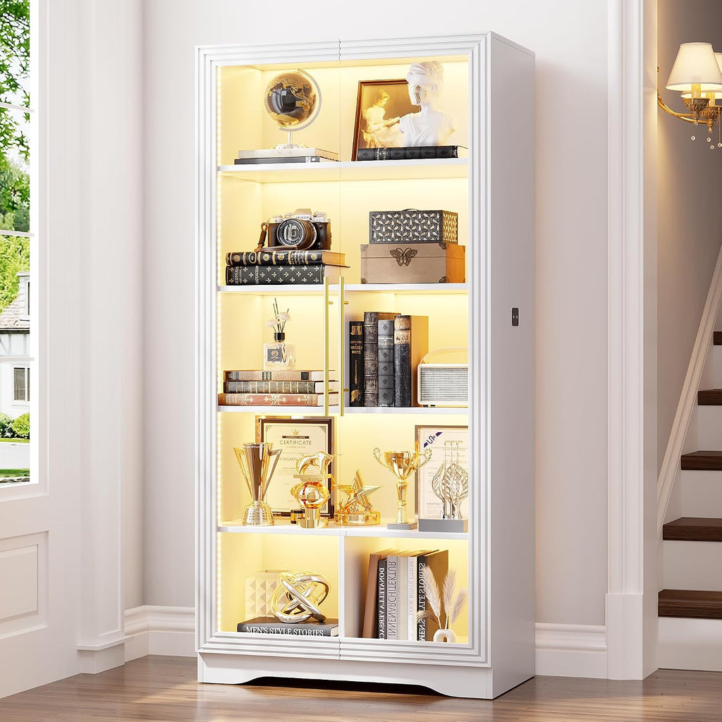 White LED 5-Tier Glass Door Bookcase