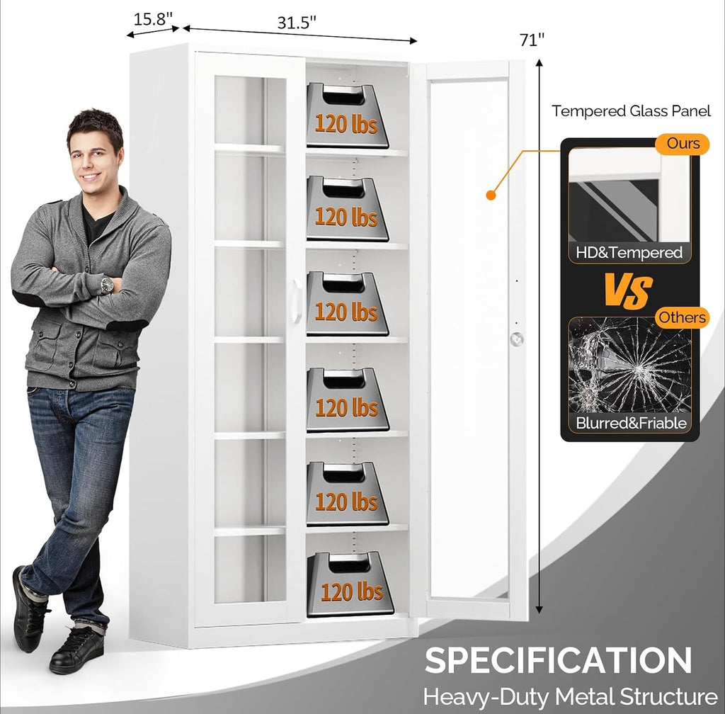 White Lockable 5-Shelf Glass Display Cabinet