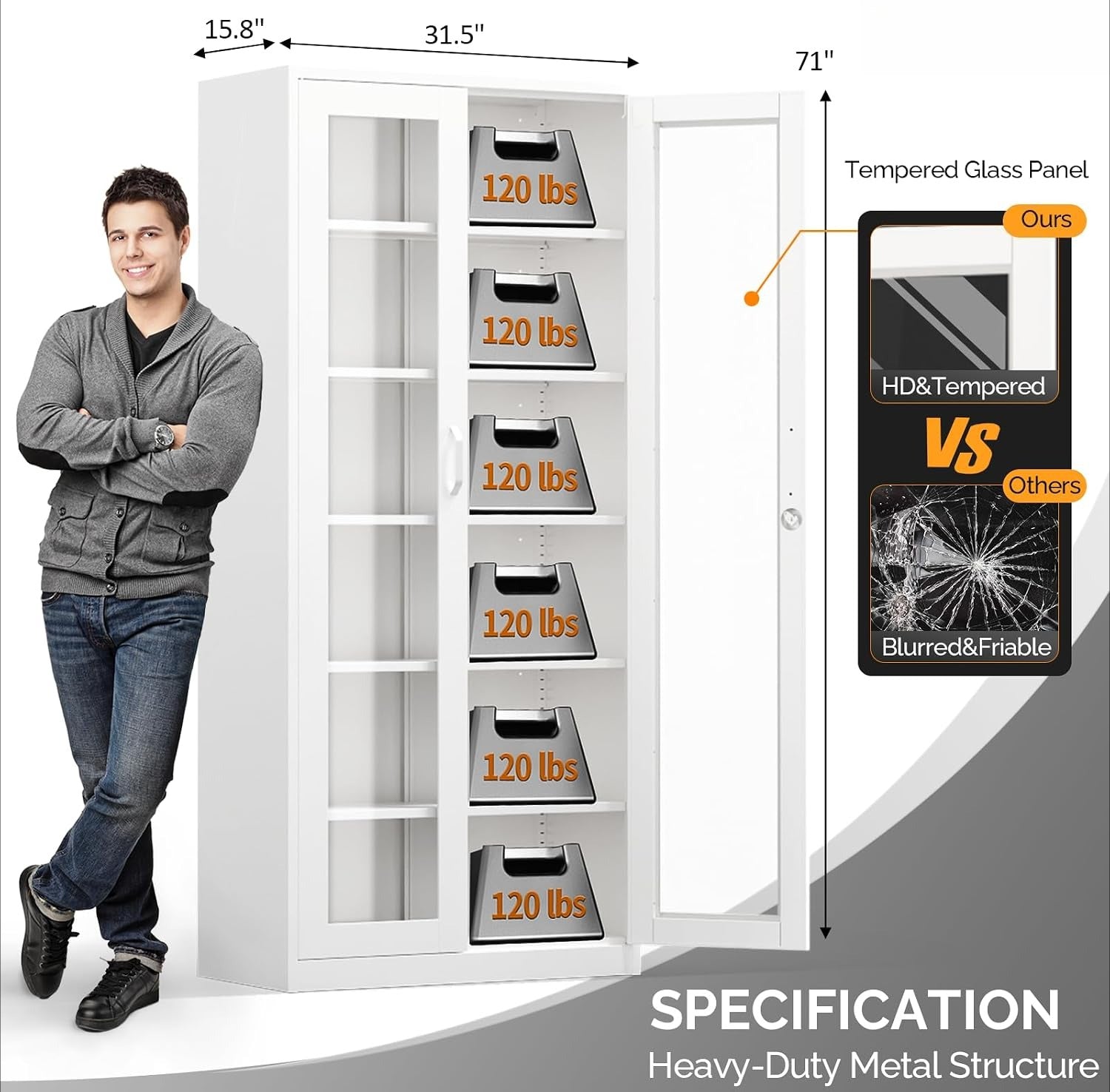 White Lockable 5-Shelf Glass Display Cabinet